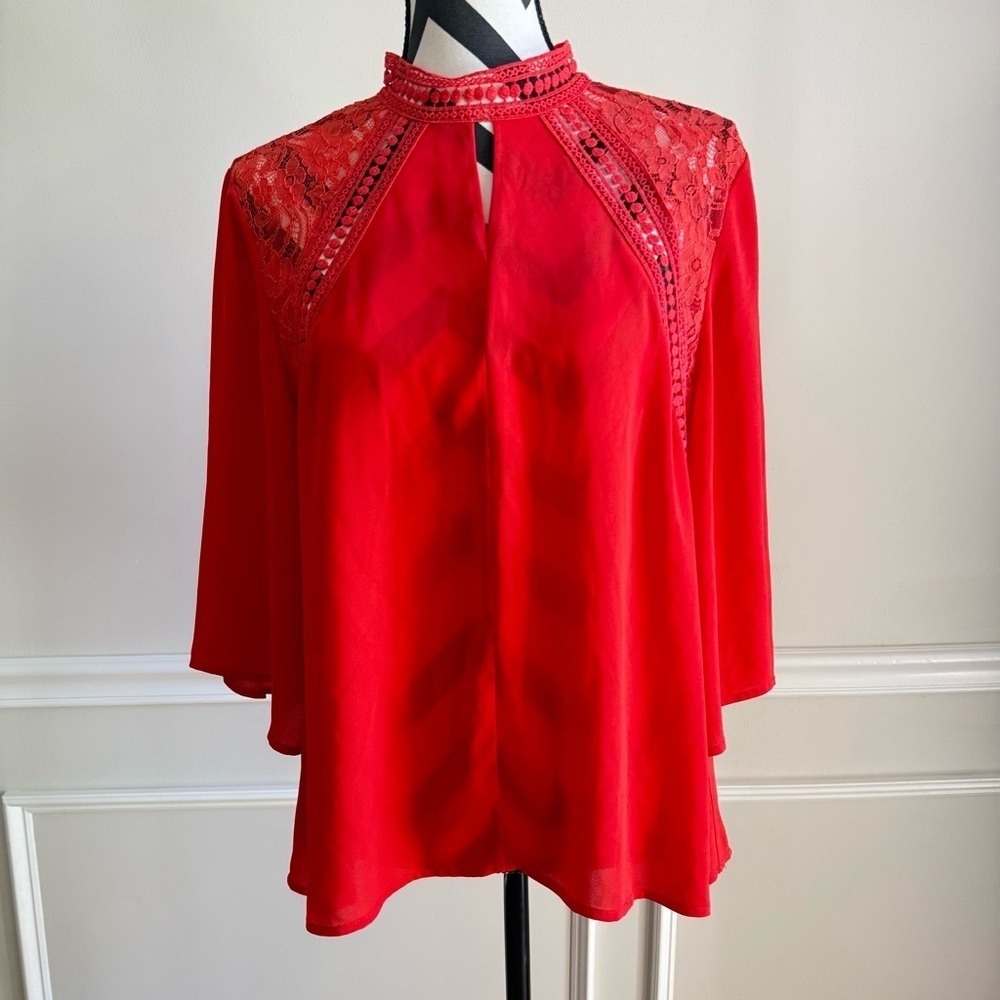 CREMIEUX Flowy Crochet Keyhole High Neck Blouse Red Small - Picture 1 of 5